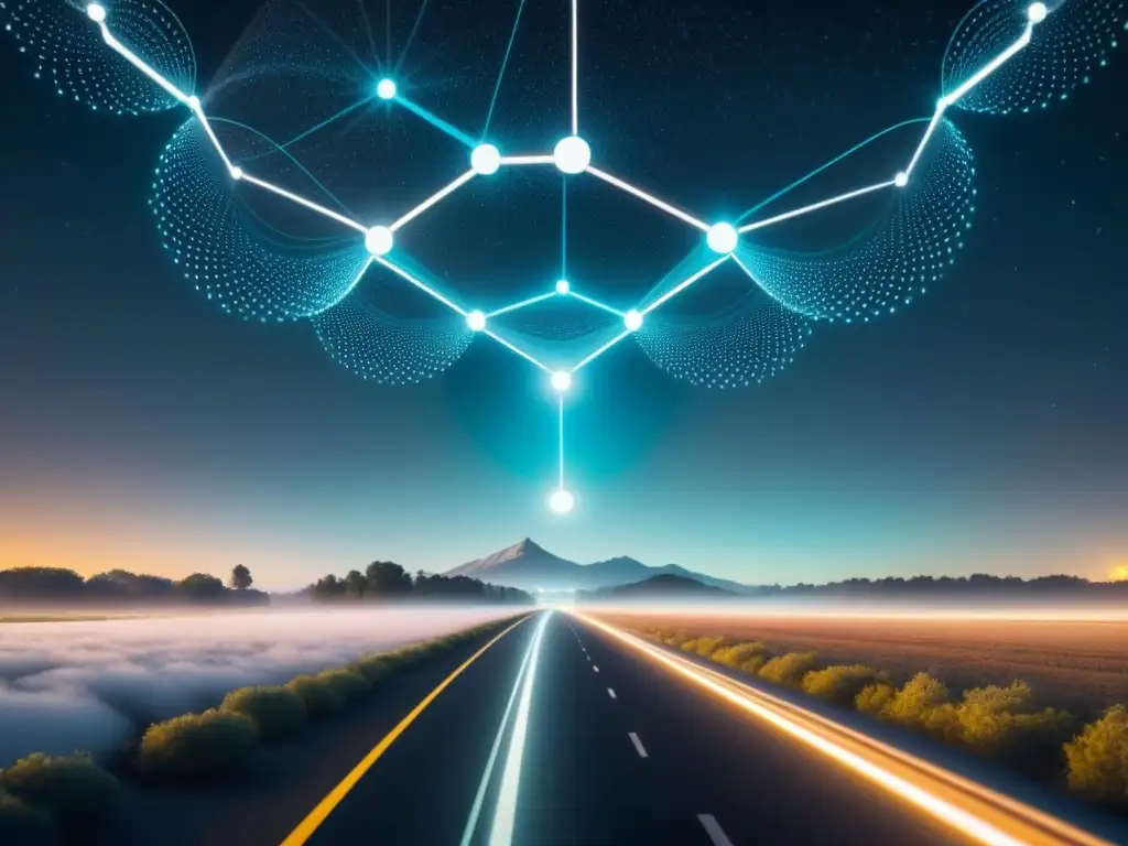 Imagen futurista de tecnologías emergentes en cadenas de suministro, con nodos interconectados y avanzada tecnología brillante