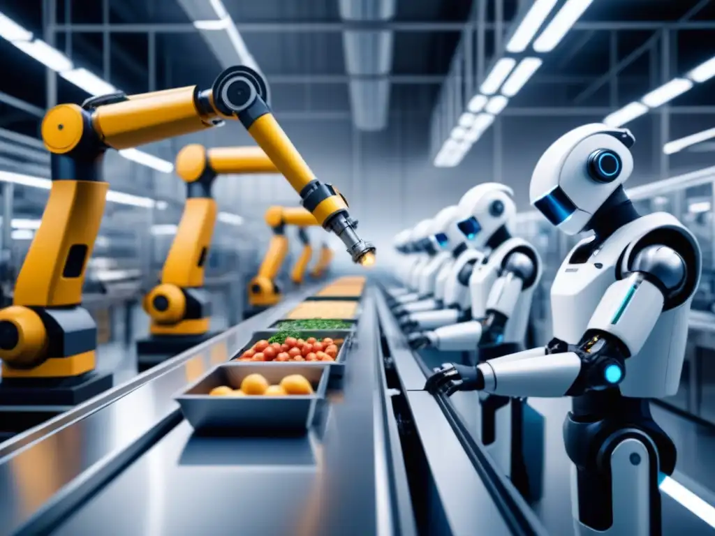 Una imagen impactante de Robótica colaborativa en la producción: humanos y robots trabajando juntos en una línea de producción de alimentos moderna