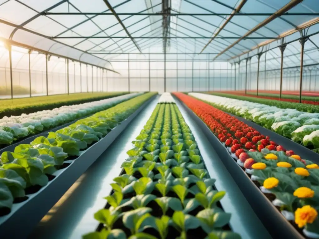 Imagen de invernadero moderno con cultivos prósperos y tecnología avanzada