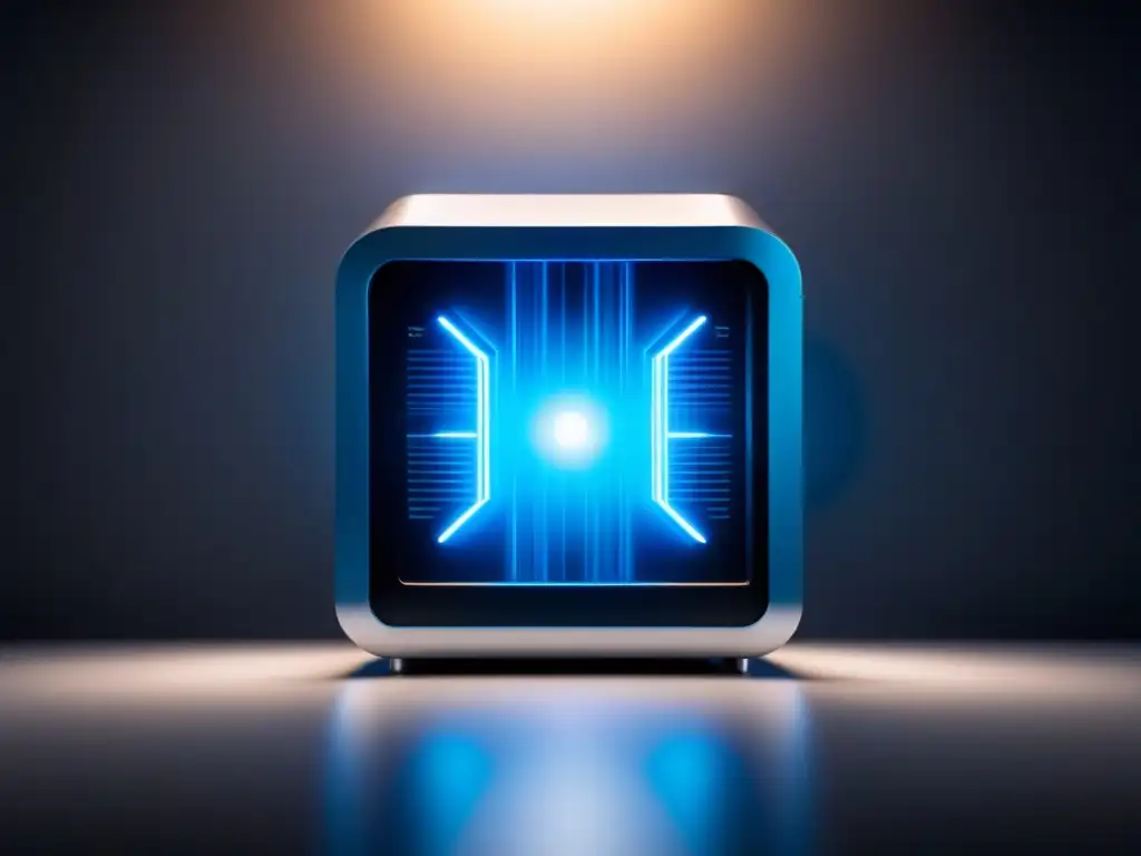 Una imagen minimalista y detallada de una computadora cuántica futurista con luces azules brillantes y patrones de circuitos, simbolizando las inversiones en computación cuántica