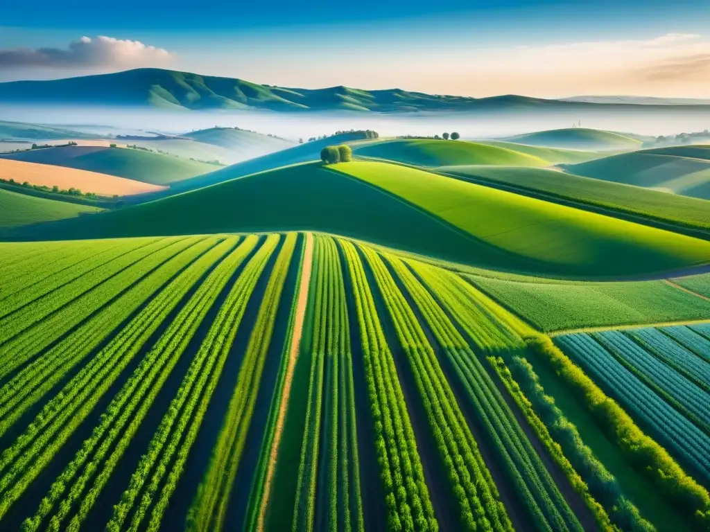 Una imagen minimalista detallada de un extenso paisaje rural con cultivos ordenados en filas precisas, tecnología avanzada y cielo azul sereno