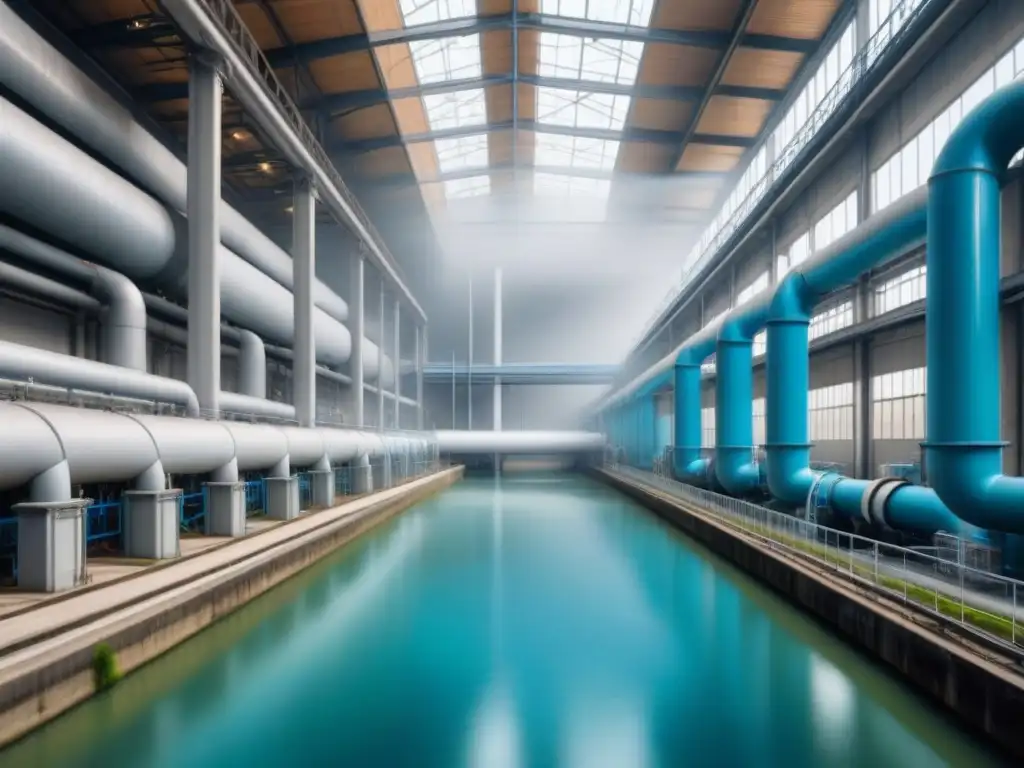 Factoría industrial moderna: eficiencia y armonía con la naturaleza Imagen minimalista de fábrica industrial moderna, con líneas arquitectónicas elegantes, rodeada de vegetación y río