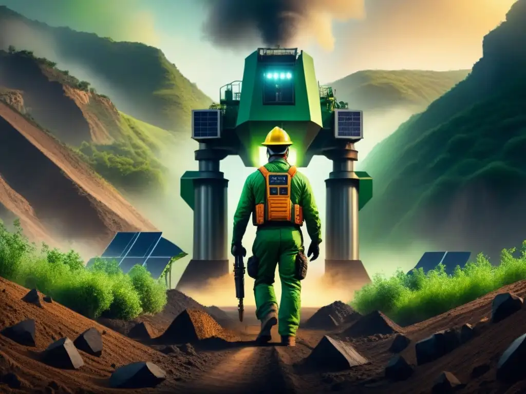Perforadora futurista en entorno eco-sostenible Una imagen de alta resolución de una moderna y elegante herramienta de minería rodeada de vegetación exuberante y fuentes de energía limpia