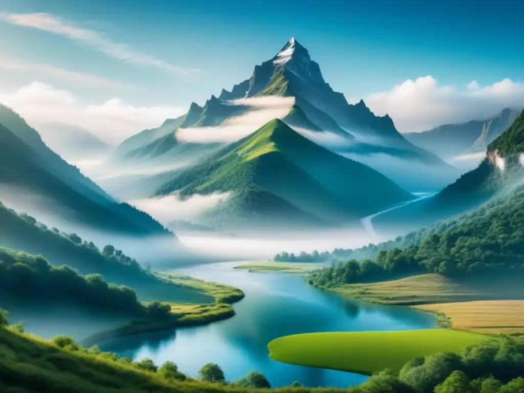 Imagen de paisaje sereno con colinas verdes, río cristalino y montañas majestuosas