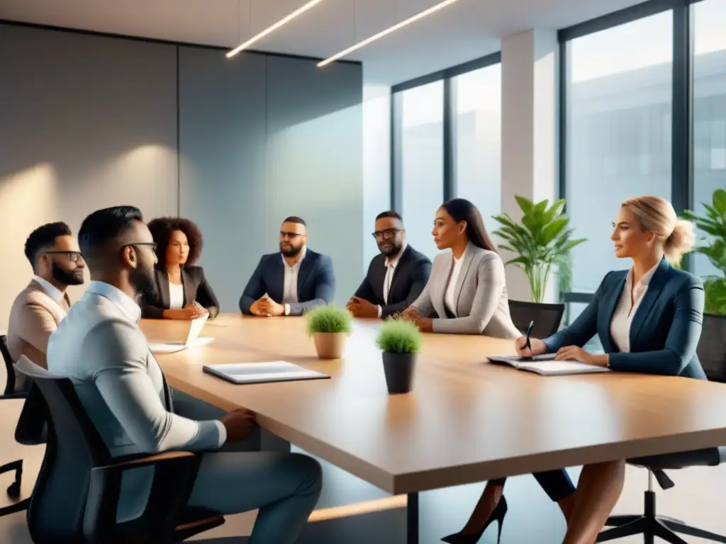 Una imagen profesional y diversa de colaboradores en una oficina moderna, reflejando los Beneficios del bienestar empresarial sostenible