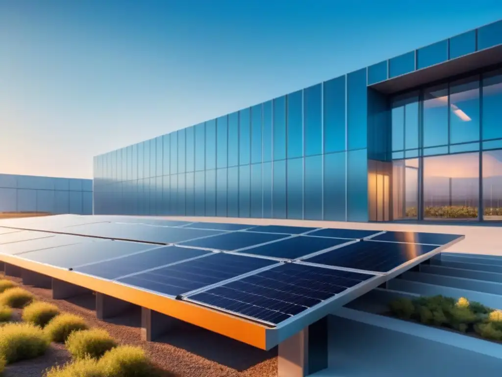 Una imagen serena y minimalista de una planta industrial futurista con paneles solares plateados brillantes bajo un cielo azul claro