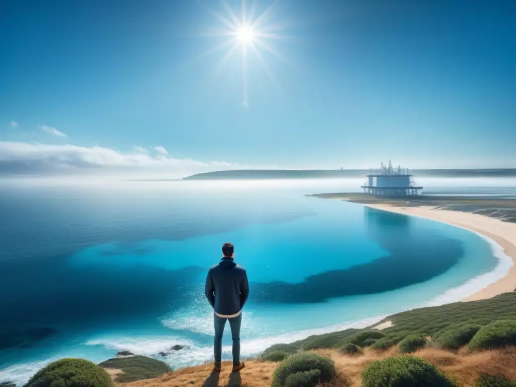 Imagen de desalinización sostenible: beneficios y riesgos con planta moderna junto al mar y aves sobrevolando