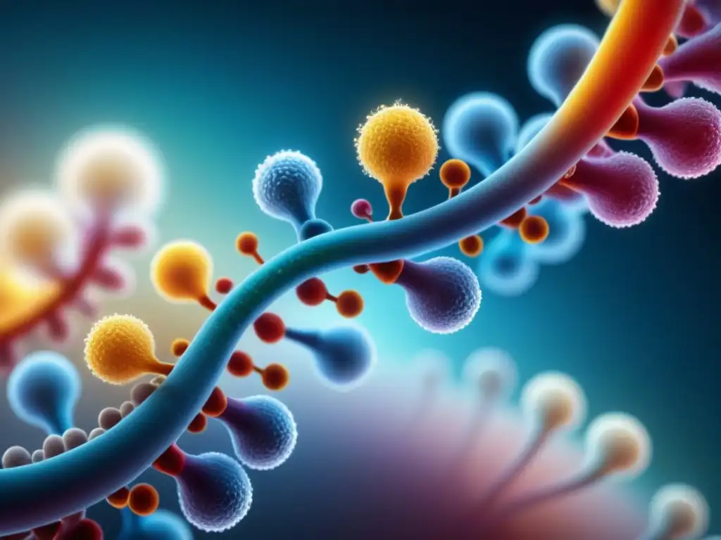 Una imagen ultradetallada de una molécula de ARNm, mostrando su estructura helicoidal y composición de nucleótidos en colores vibrantes y precisos