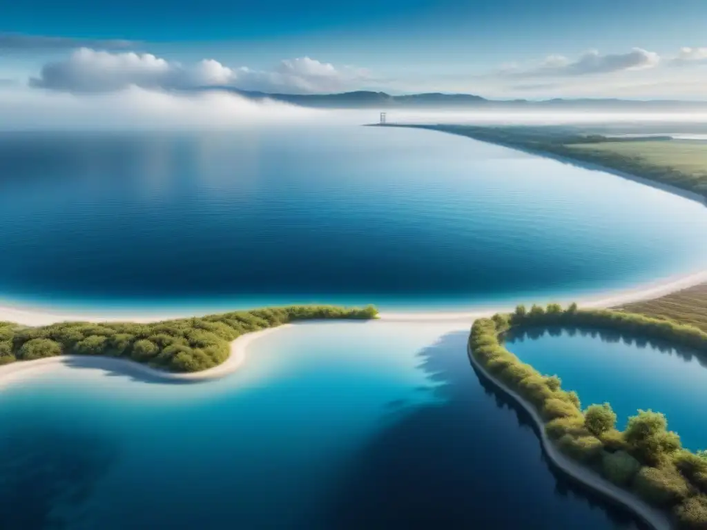 Una imagen de un vasto océano sereno con una moderna planta de desalinización en armonía con la naturaleza