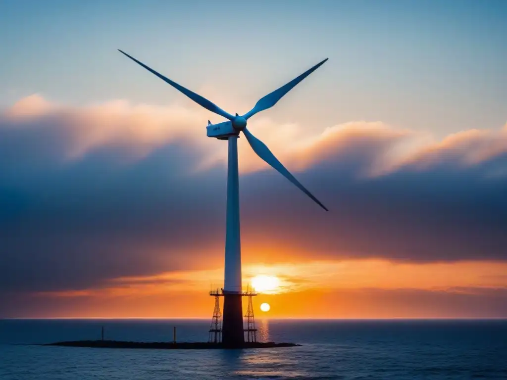 Impactante energía eólica: turbina en silueta al atardecer en el mar