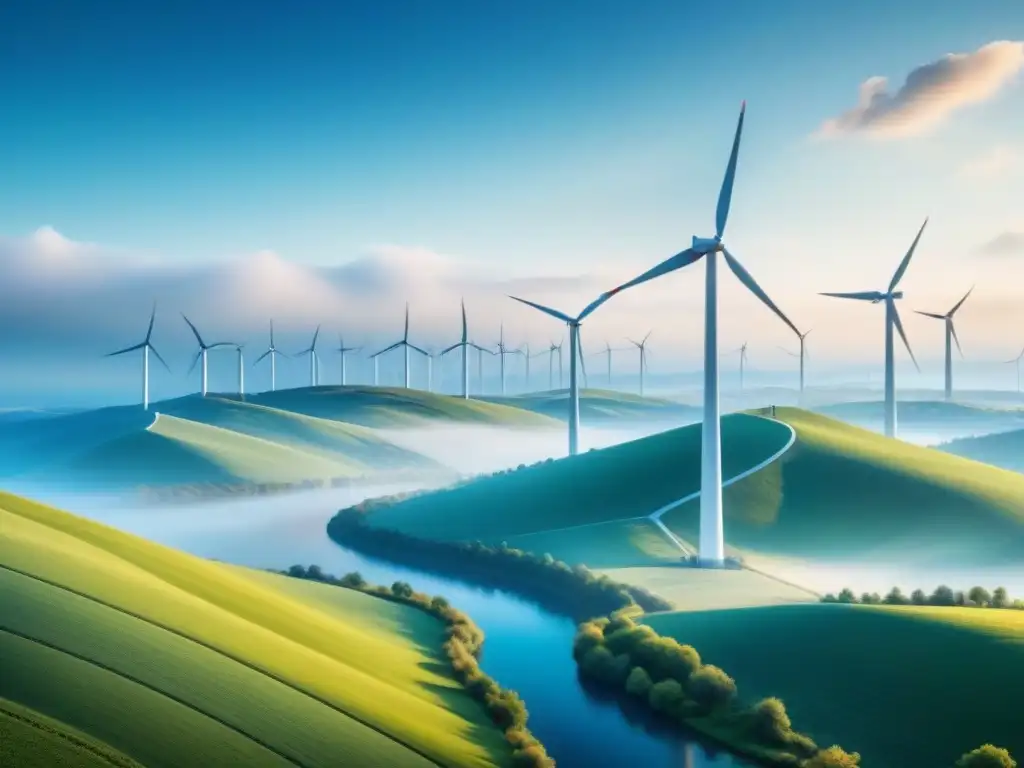 Impactante paisaje con molinos de viento en un horizonte sereno y cielo azul