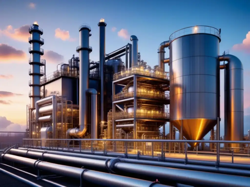 Impactante planta química moderna iluminada por el sol, con un reactor biocatalizador