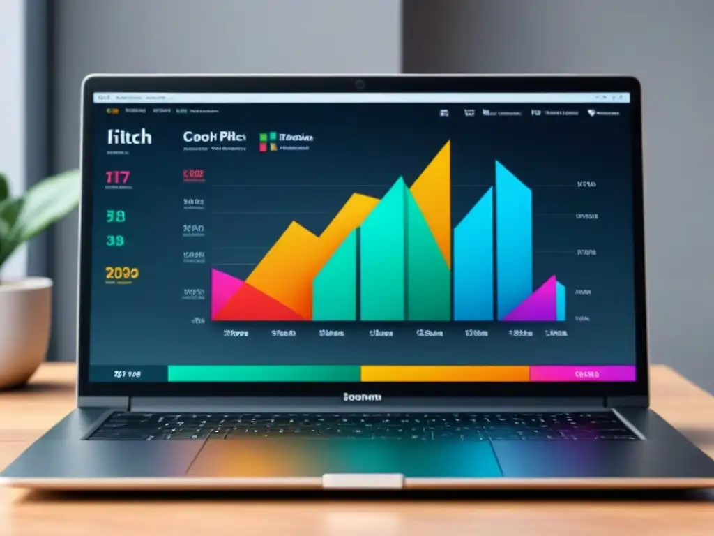 Presentación de inversores tech: laptop 8k con gráficos coloridos Presentación impactante de un portátil moderno con gráficos coloridos y datos clave, ideal para un pitch ganador para inversores tecnológicos