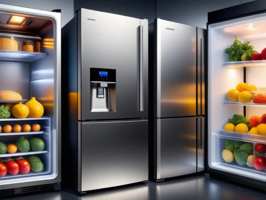 Comparación impactante: un refrigerador tradicional con hielo y desperdicio energético al lado de un moderno nanorefrigerador eficiente