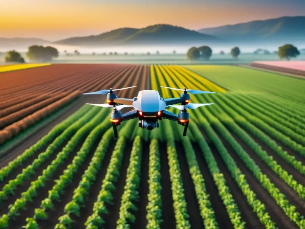 Impacto de las agritecnologías en el sector alimentario: campo futurista con maquinaria de alta tecnología trabajando al atardecer