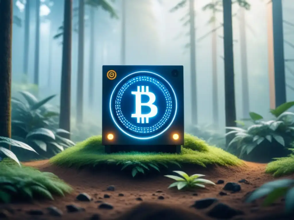 Impacto ambiental de las criptomonedas: una granja minera en contraste con un bosque exuberante, simbolizando la sostenibilidad