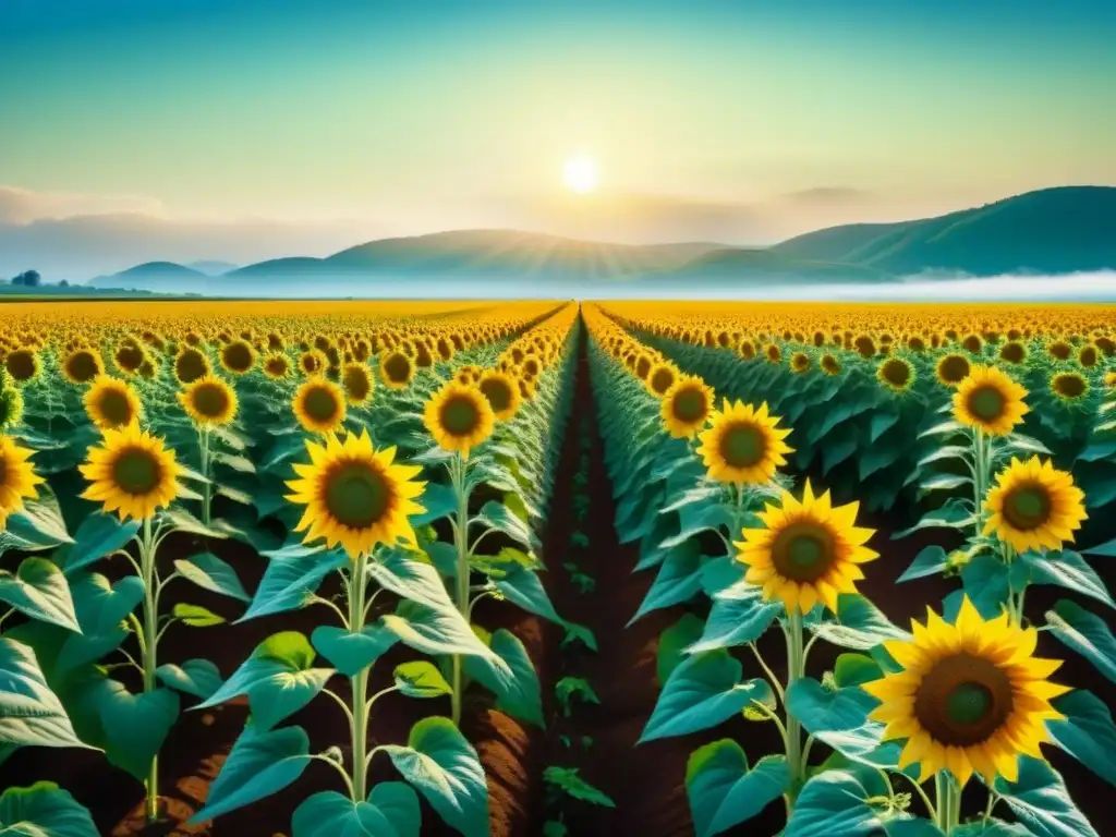 Impacto de biocombustibles de tercera generación: Campo de girasoles vibrantes bajo el sol brillante