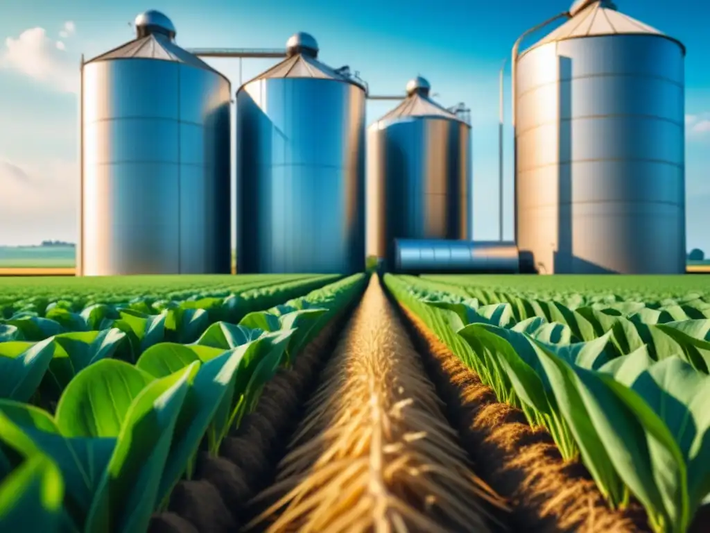 Impacto de la biotecnología en la agricultura sostenible: campo verde con cultivos modificados genéticamente y silos al fondo bajo cielo azul