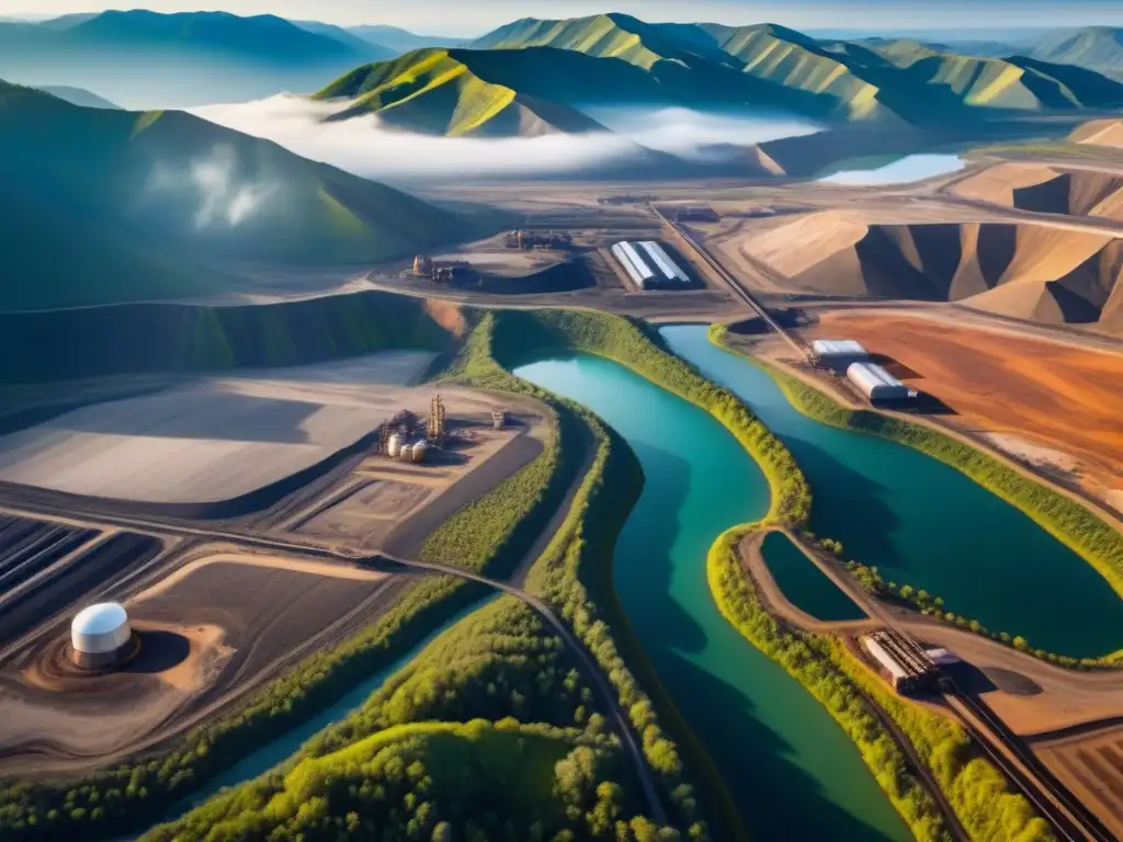 Impacto del Big Data en minería sostenible: Vista aérea minimalista de moderna operación minera integrada con paisaje natural