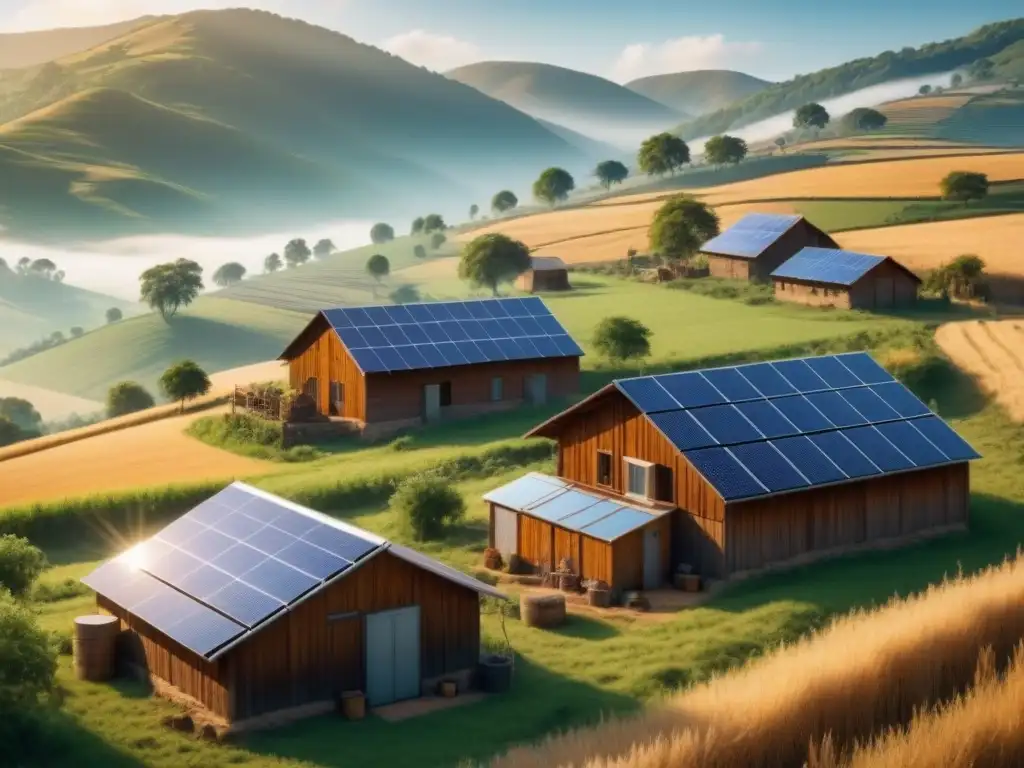 Impacto socioeconómico de la energía solar en comunidades rurales: paisaje rural con paneles solares en techos de casas humildes