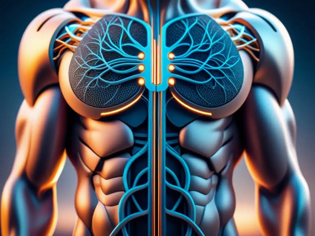 Implantación futurista de dispositivo electrónico fusionado con cuerpo humano, simbolizando la biocompatibilidad en electrónica sostenible