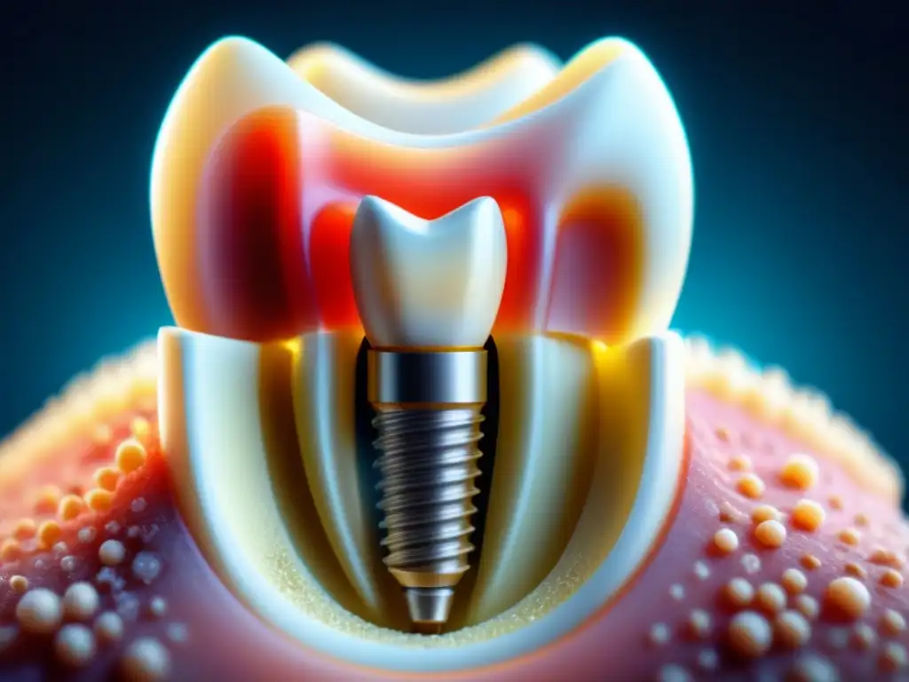 Implante dental biocompatible detallado bajo microscopio, rodeado de partículas biocompatibles