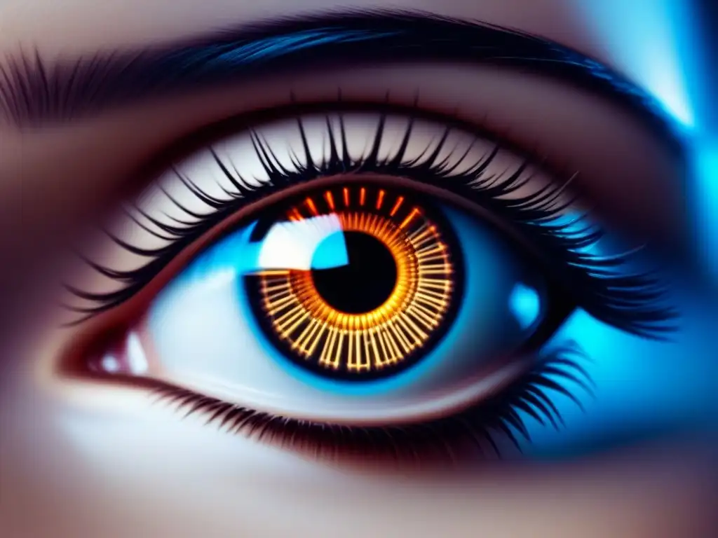Un implante ocular futurista y minimalista con patrones de circuitos, representando dispositivos avanzados para salud visual