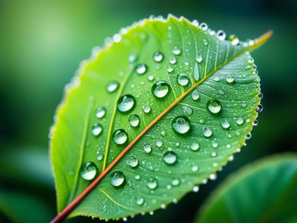 La implementación exitosa de biocombustibles se refleja en la frescura y belleza natural de una hoja verde cubierta de gotas de rocío