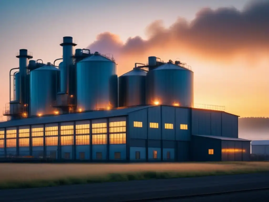 Moderna fábrica industrial al atardecer: eficiencia y innovación Imponente fábrica industrial al anochecer, resaltando su arquitectura moderna y maquinaria en un paisaje prístino