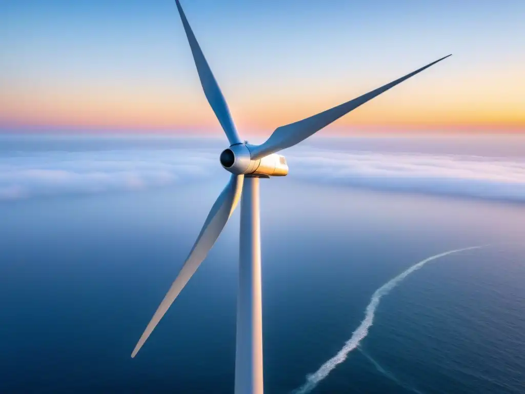 Un imponente molino de viento offshore, con el sol poniéndose y el mar brillando, transmitiendo la energía eólica offshore sostenible