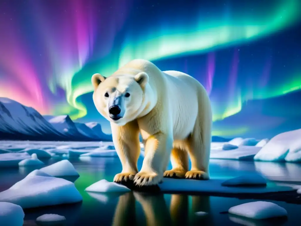 Imponente oso polar en paisaje helado bajo auroras boreales, reflejando la urgencia de proteger ecosistemas polares del transporte marítimo