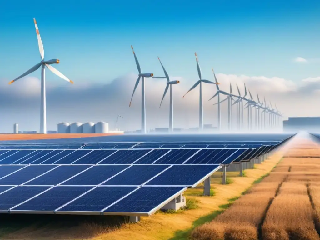 Imponente fábrica con paneles solares y turbinas eólicas, simbolizando la Transición energética industria pesada