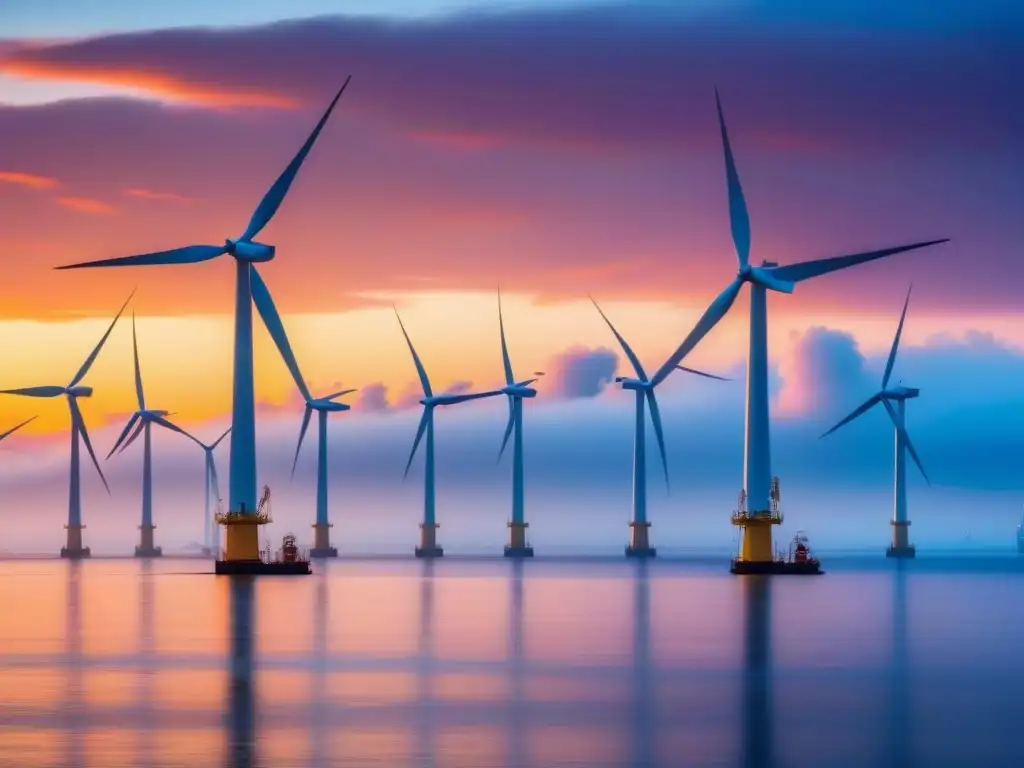 Imponente parque eólico offshore bajo un vibrante atardecer, simbolizando avances en energía eólica y tecnología