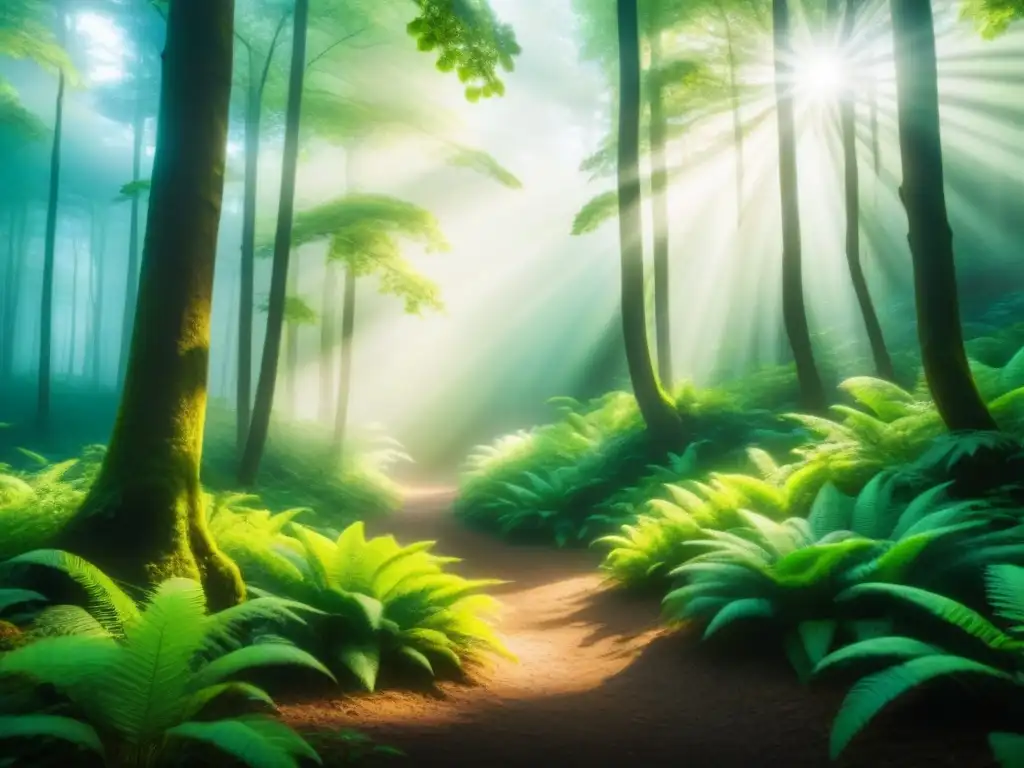 La importancia de los biocatalizadores en la química verde, reflejada en un bosque exuberante iluminado por rayos de sol