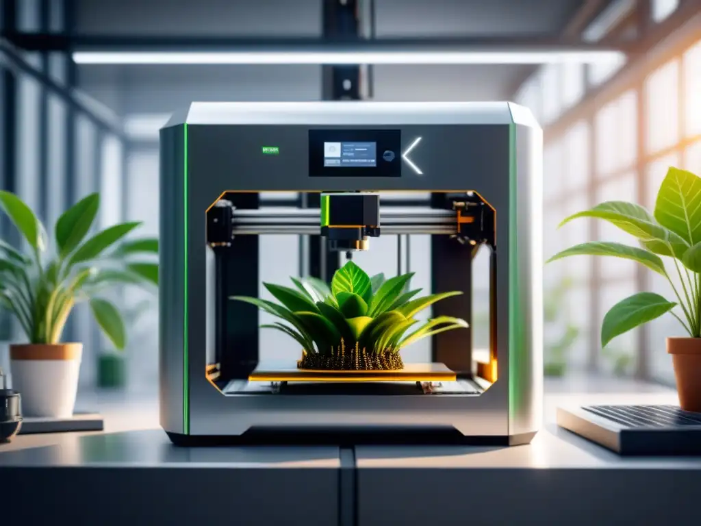 3D printer sostenible crea estructura metálica en entorno ecológico Una impresión 3D de metales sostenibles en acción, rodeada de un entorno futurista y ecofriendly
