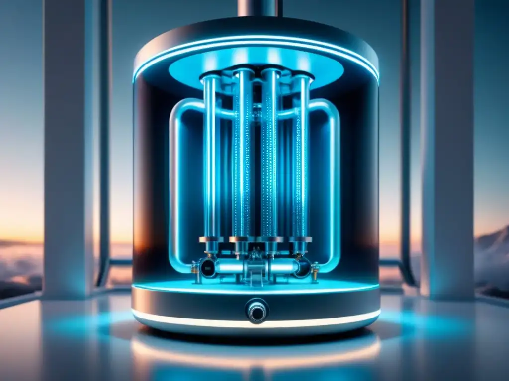 Impresionante bioreactor futurista en funcionamiento, con microorganismos bioluminiscentes y componentes metálicos, en fondo blanco