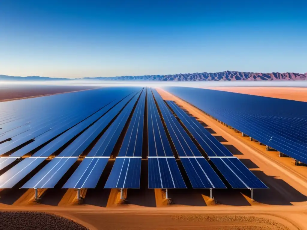 Un impresionante campo solar internacional se extiende en el desierto bajo un cielo azul