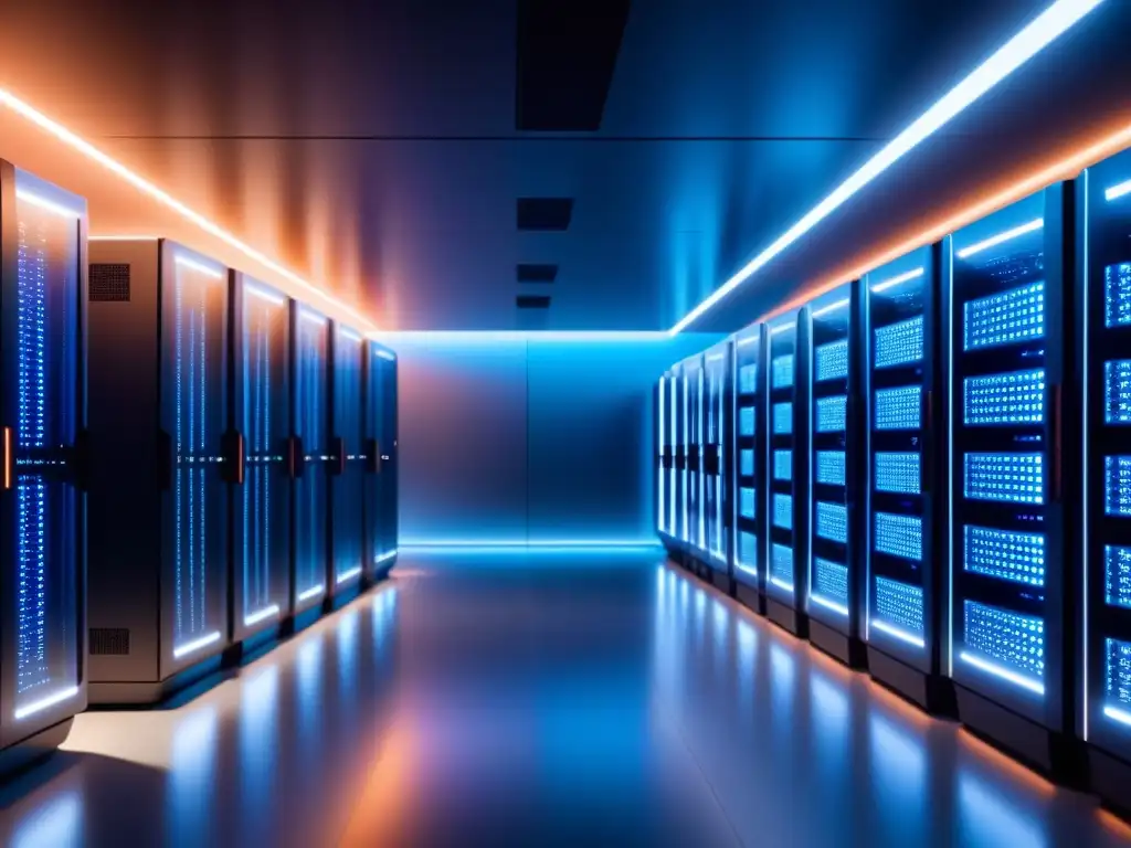 Un impresionante centro de supercomputación futurista con servidores avanzados en una instalación de alta tecnología