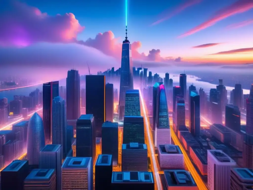 Impresionante ciudad futurista al atardecer con rascacielos iluminados y red de datos