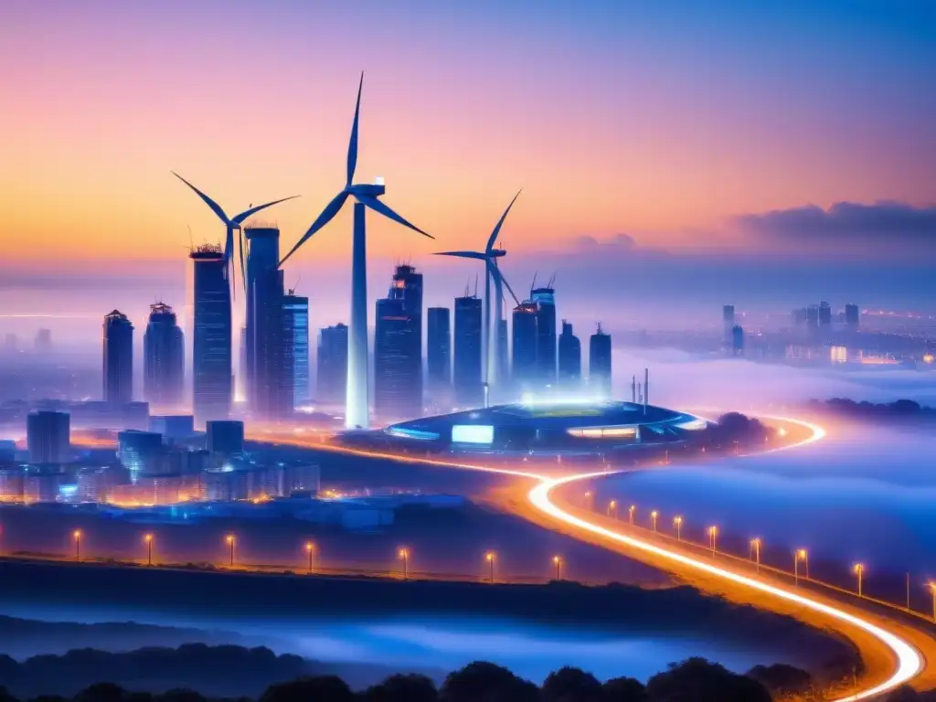 Impresionante ciudad futurista al atardecer con turbinas eólicas integradas, destacando los beneficios de economía circular