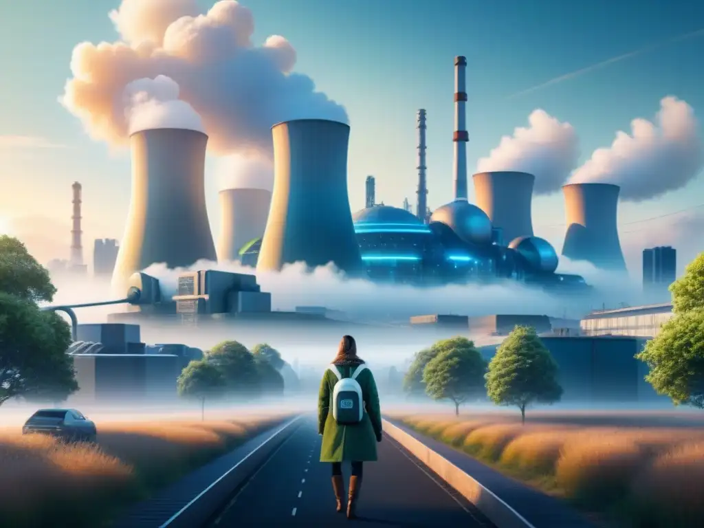 Impresionante ciudad futurista con energía nuclear integrada en armonía con la naturaleza, evocando un futuro de energías limpias