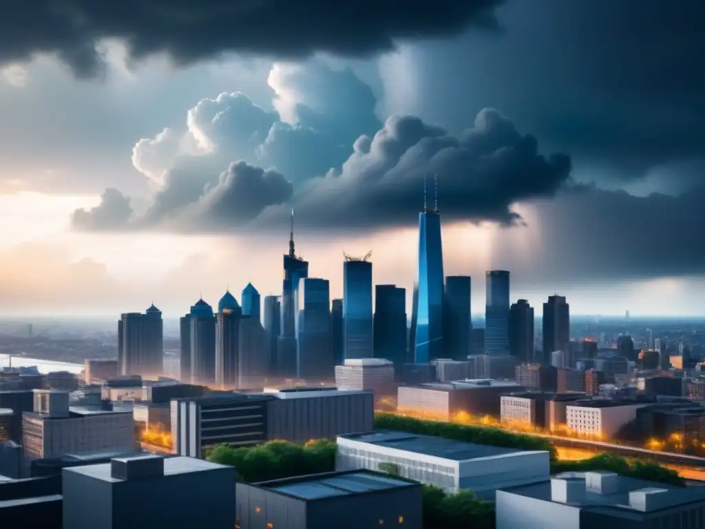 Impresionante ilustración de una ciudad moderna con nubes de tormenta, simbolizando los desafíos del cambio climático en seguros responsabilidad civil