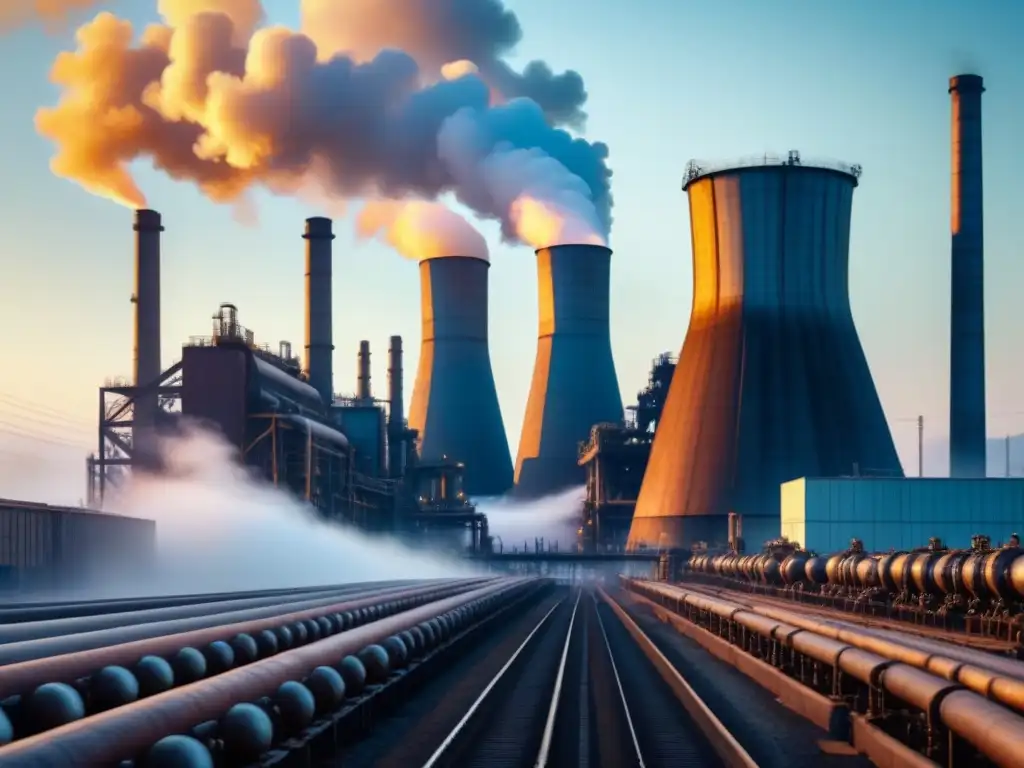 Impresionante complejo industrial de acero con grandes chimeneas humeantes en un cielo azul
