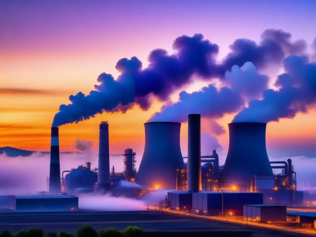 Impresionante complejo industrial al anochecer, con humeantes chimeneas y un cielo naranja y morado