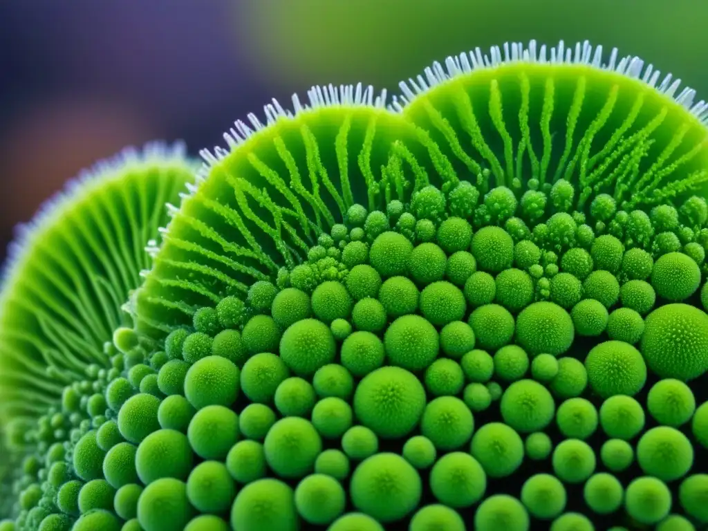 Un impresionante y detallado primer plano de células de algas verdes bajo un microscopio, resaltando su belleza y complejidad