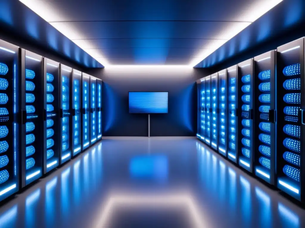 Un impresionante y detallado salón de supercomputadoras futuristas en 8k, con luces parpadeantes y mecanismos de enfriamiento