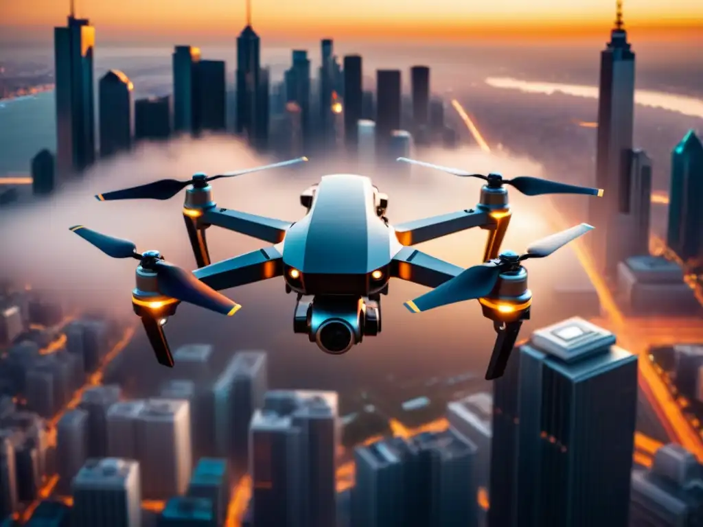 Un impresionante drone negro sobrevolando la ciudad al atardecer, fusionando tecnología y vida urbana