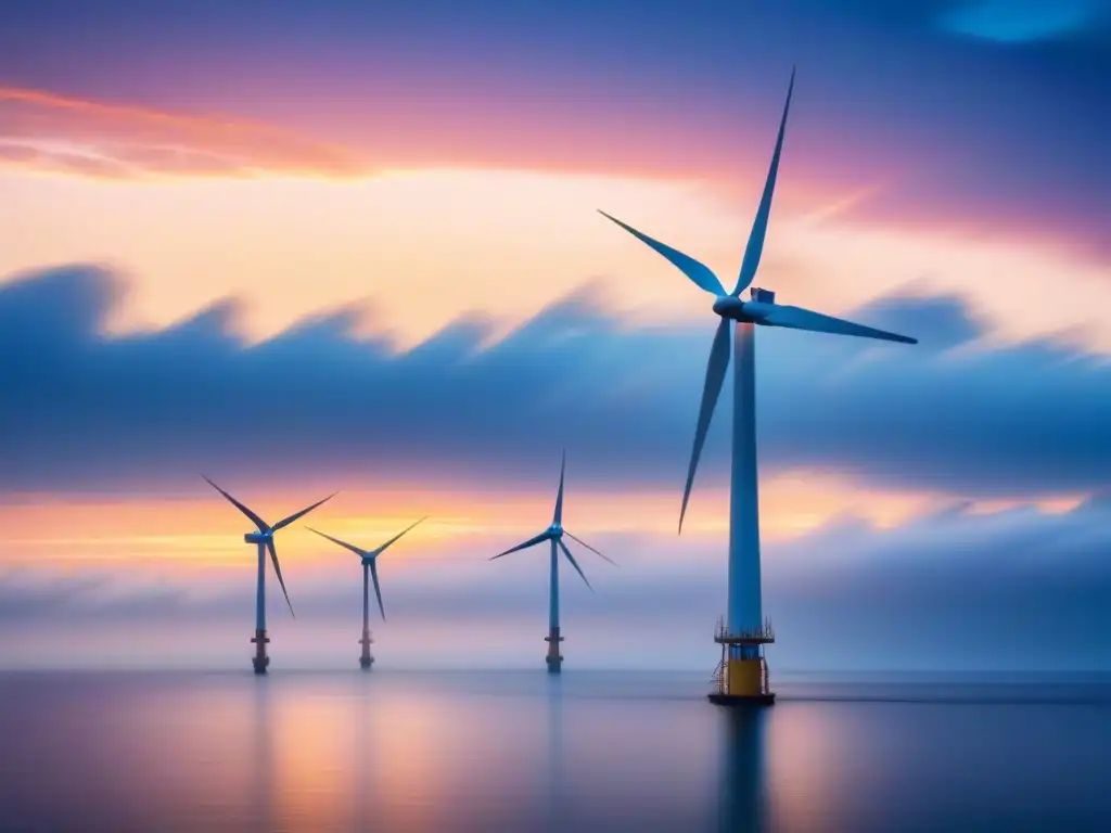 Impresionante energía eólica offshore sin impacto ambiental, en un atardecer sereno