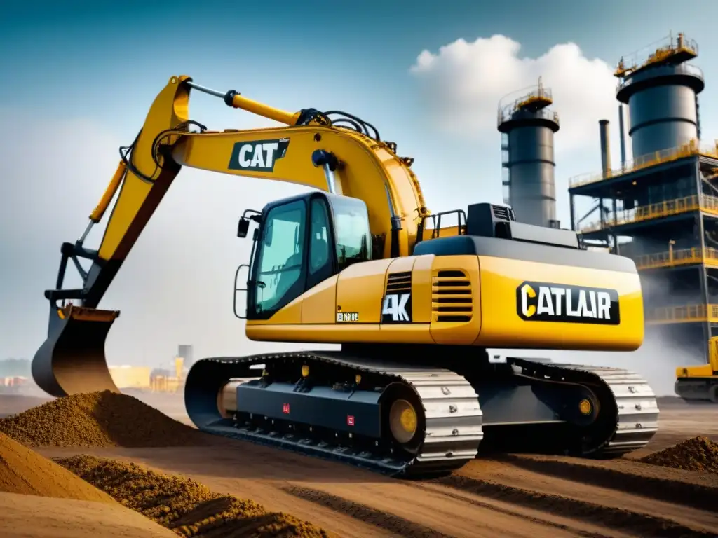 Impresionante excavadora Caterpillar en un paisaje industrial, destacando su potencia y sofisticación