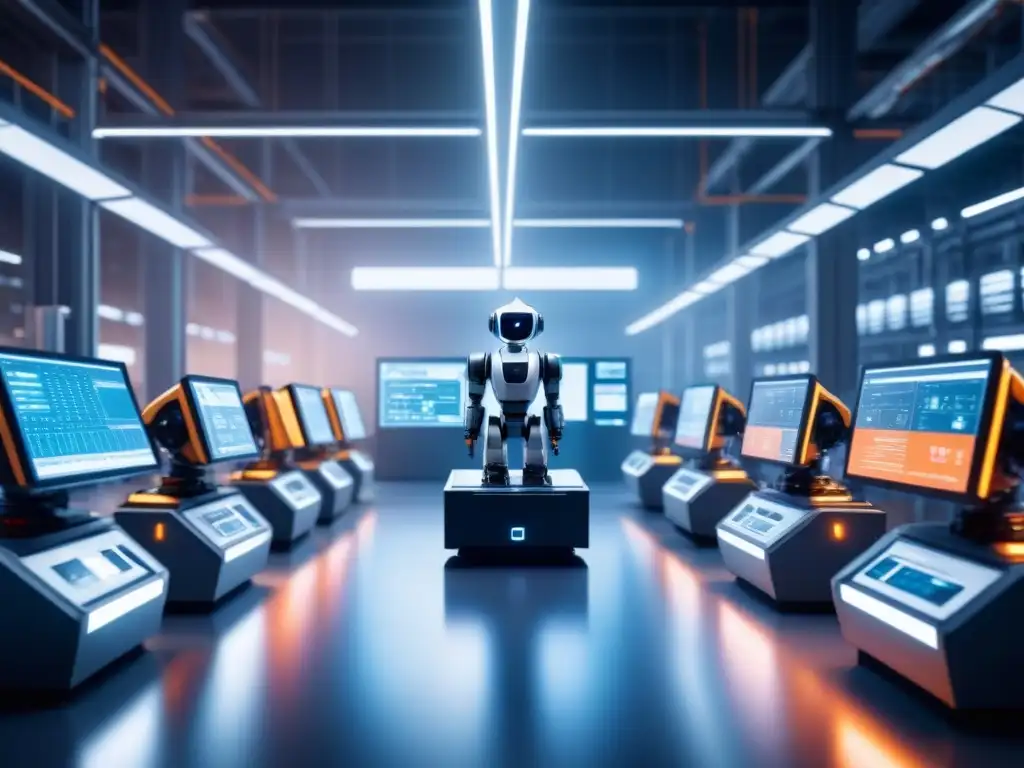 Impresionante ilustración de fábrica inteligente del futuro con robots autónomos en una producción eficiente